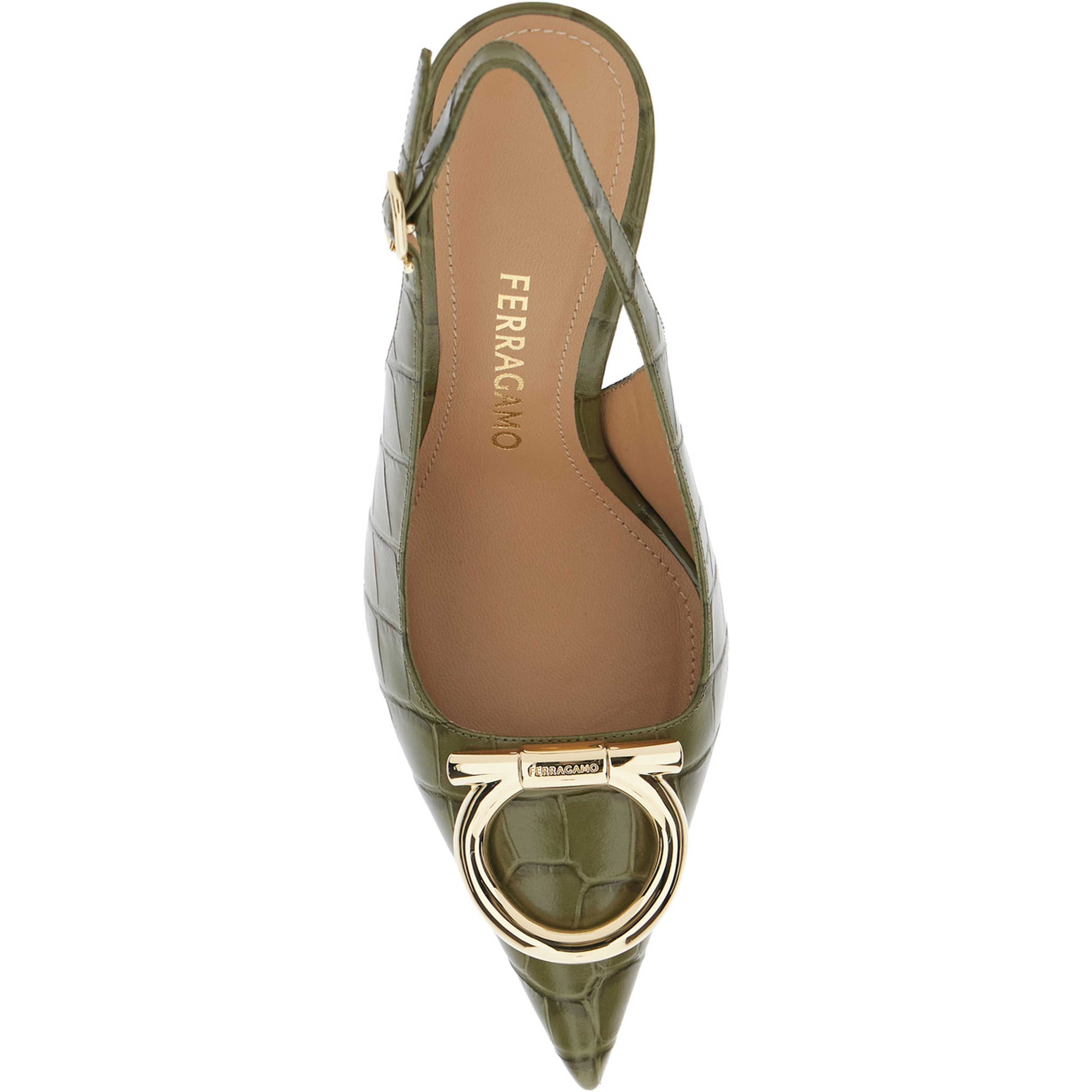 SARA Green Pumps with Gancini plaque on the front in crocodile effect leather for women