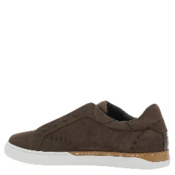 City brown Sneakers with slip-on design and logo lettering in leather for men