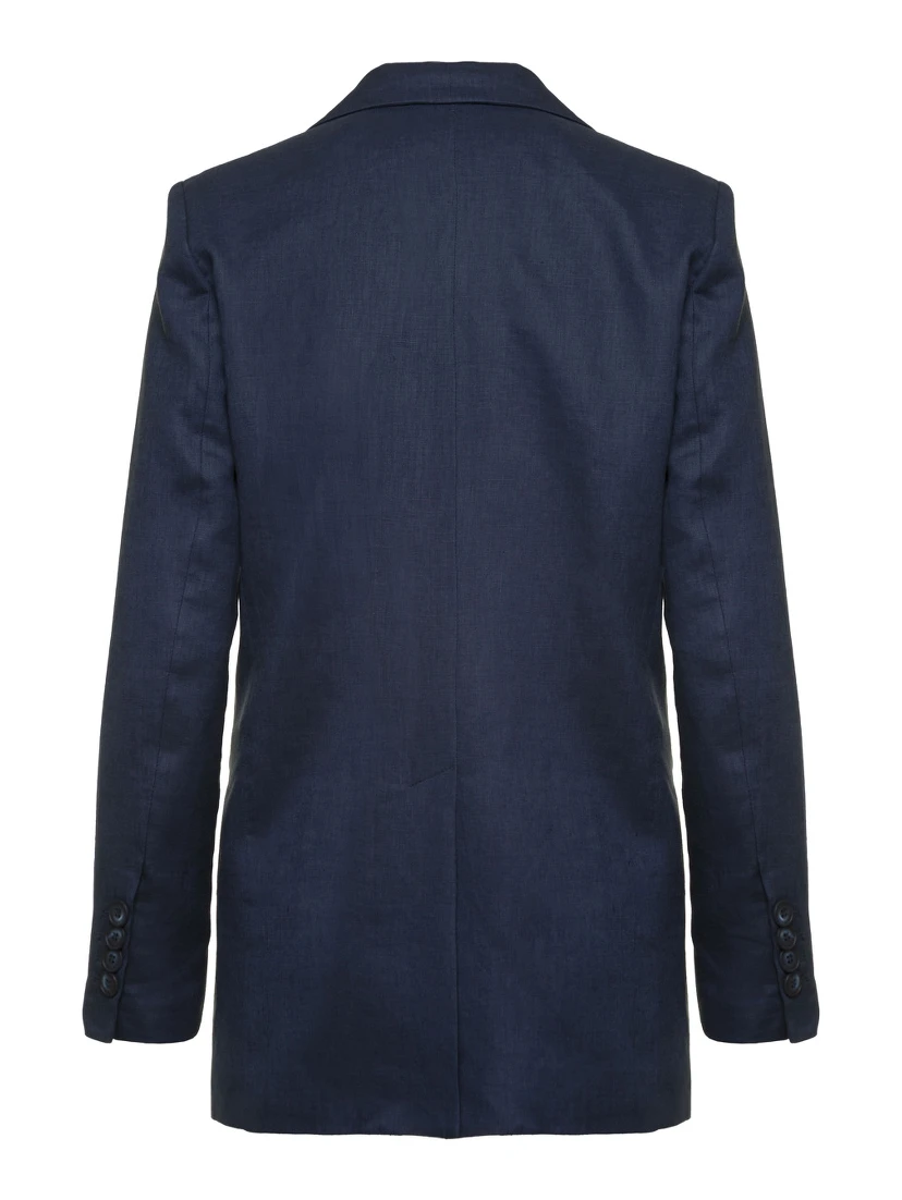Blue Double-breasted Blazer In Linen Women