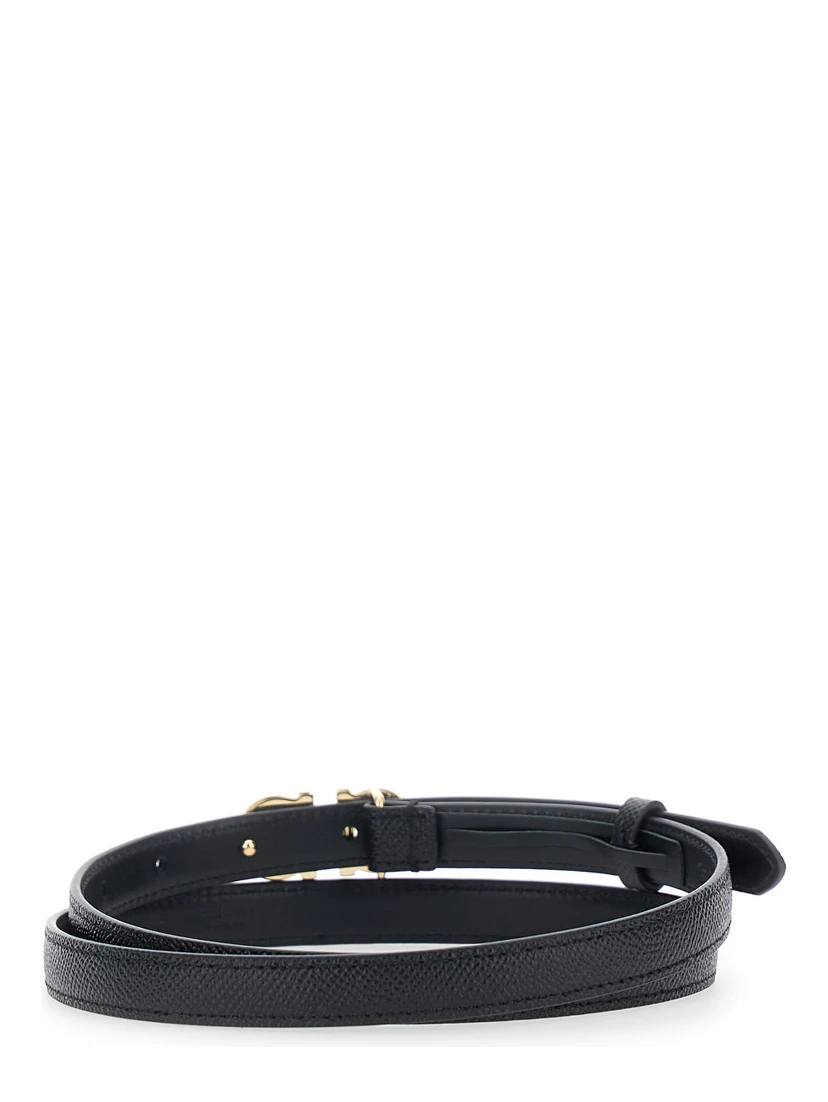 Black Belt with Gancini Buckle Closure in Grained Leather for Women
