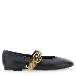 Robin Black Ballet Shoes with Strap with Check motif and buckle in leather for women