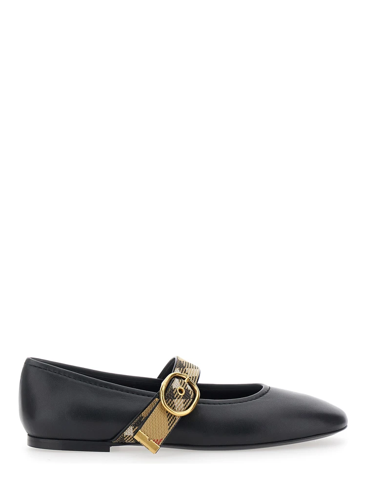 Robin Black Ballet Shoes with Strap with Check motif and buckle in leather for women