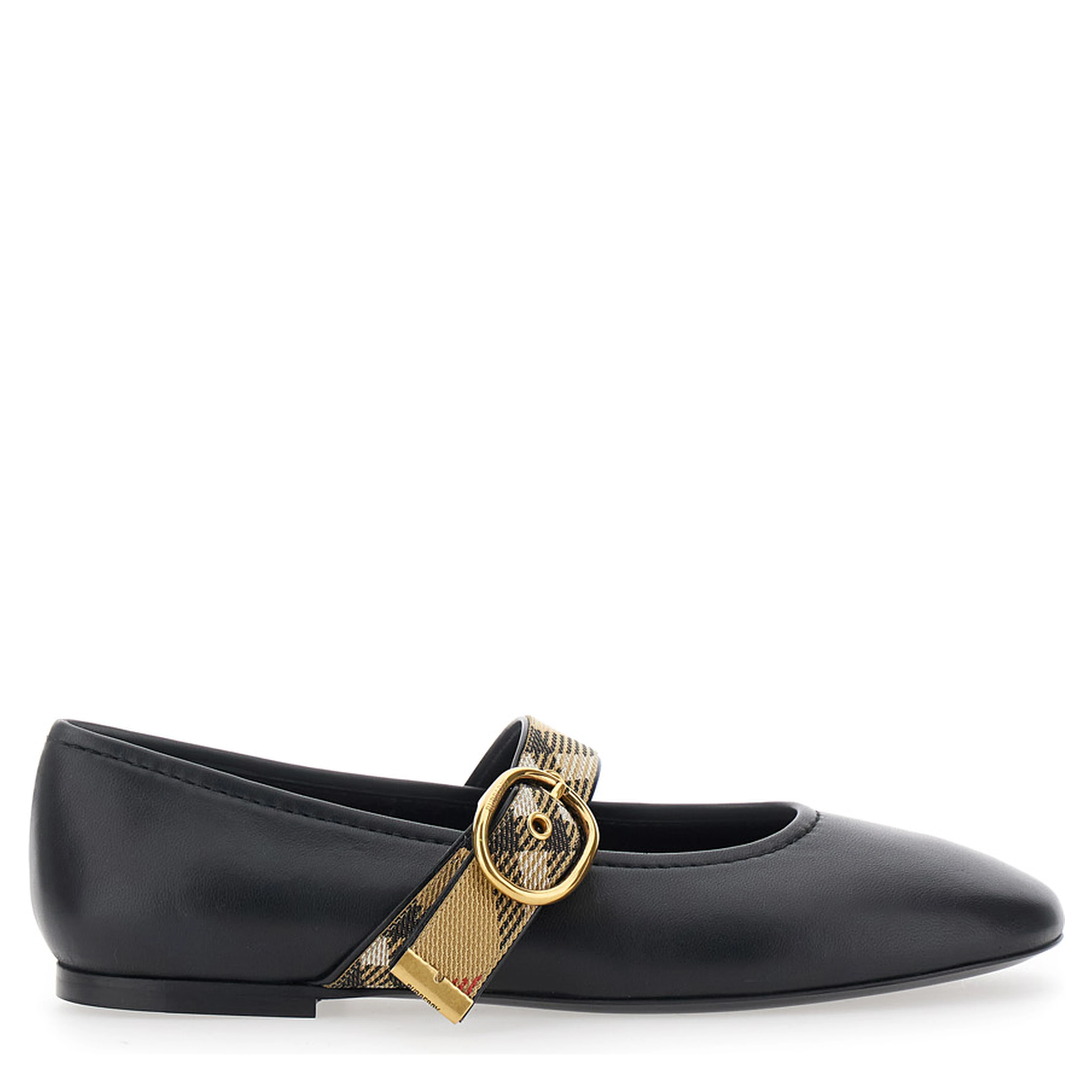 Robin Black Ballet Shoes with Strap with Check motif and buckle in leather for women