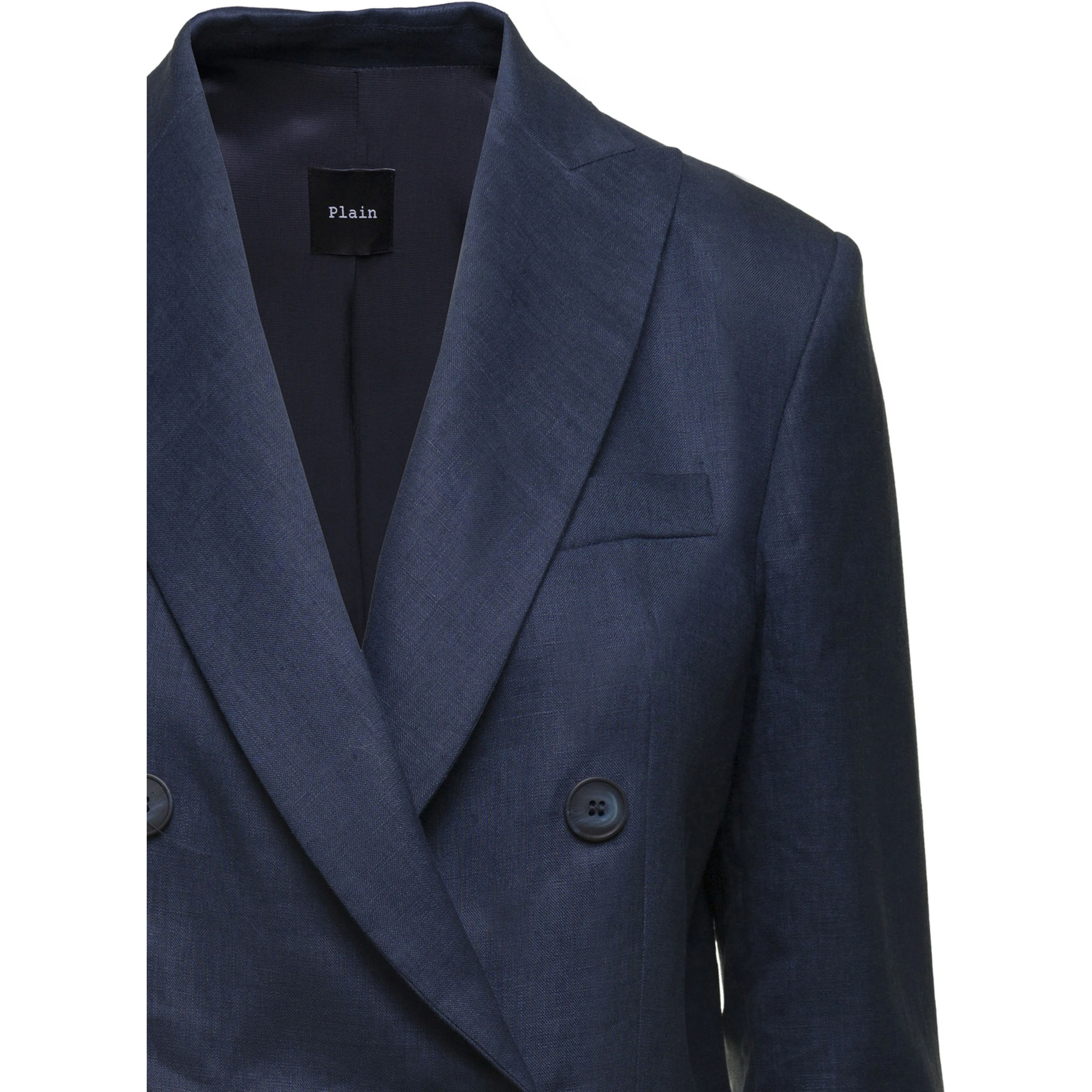 Blue Double-breasted Blazer In Linen Women