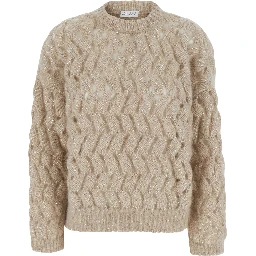 White Crewneck sweater with cable knit design in Blend wool for women