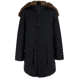 Black Parka with fur hood and button closure on the front in cotton for men