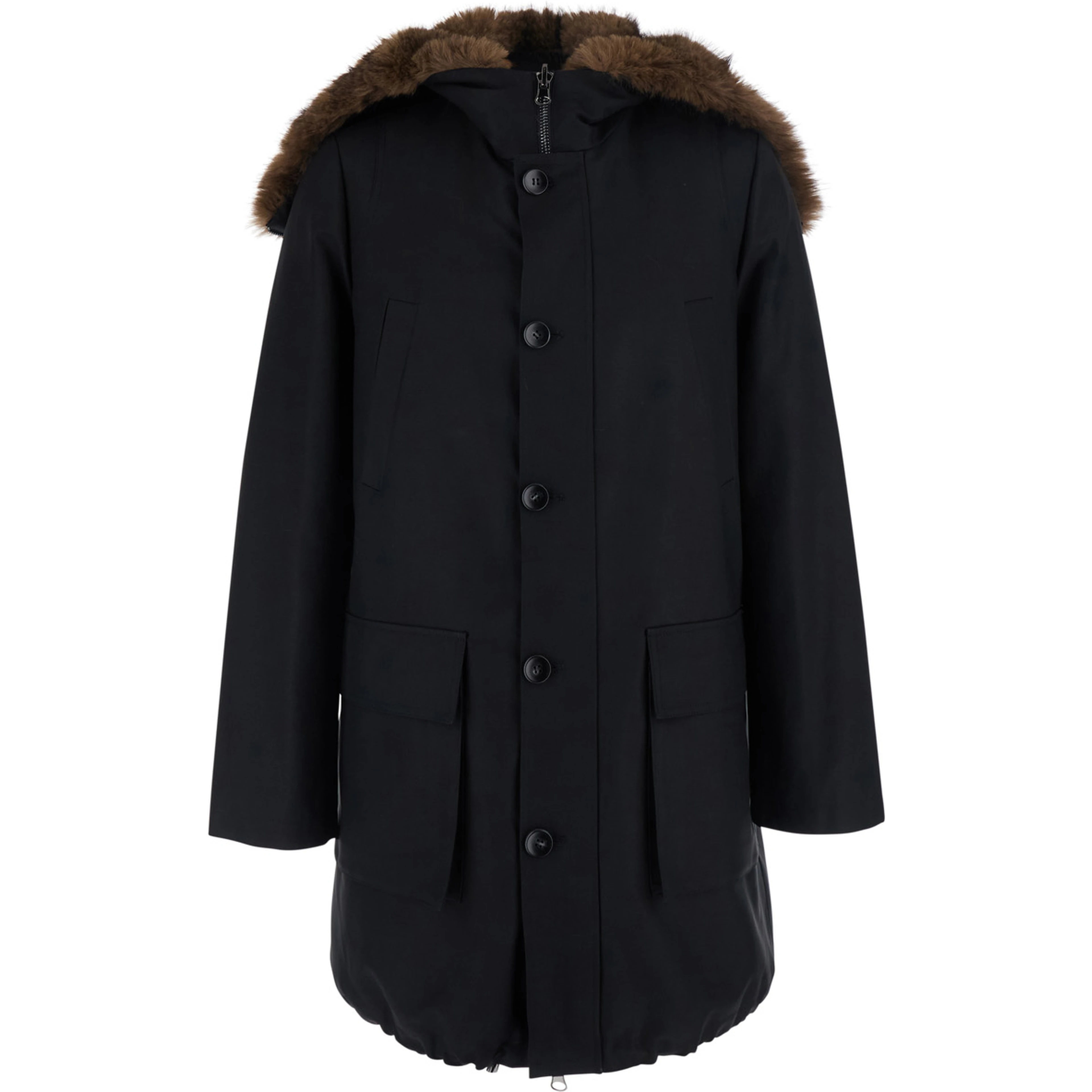 Black Parka with fur hood and button closure on the front in cotton for men