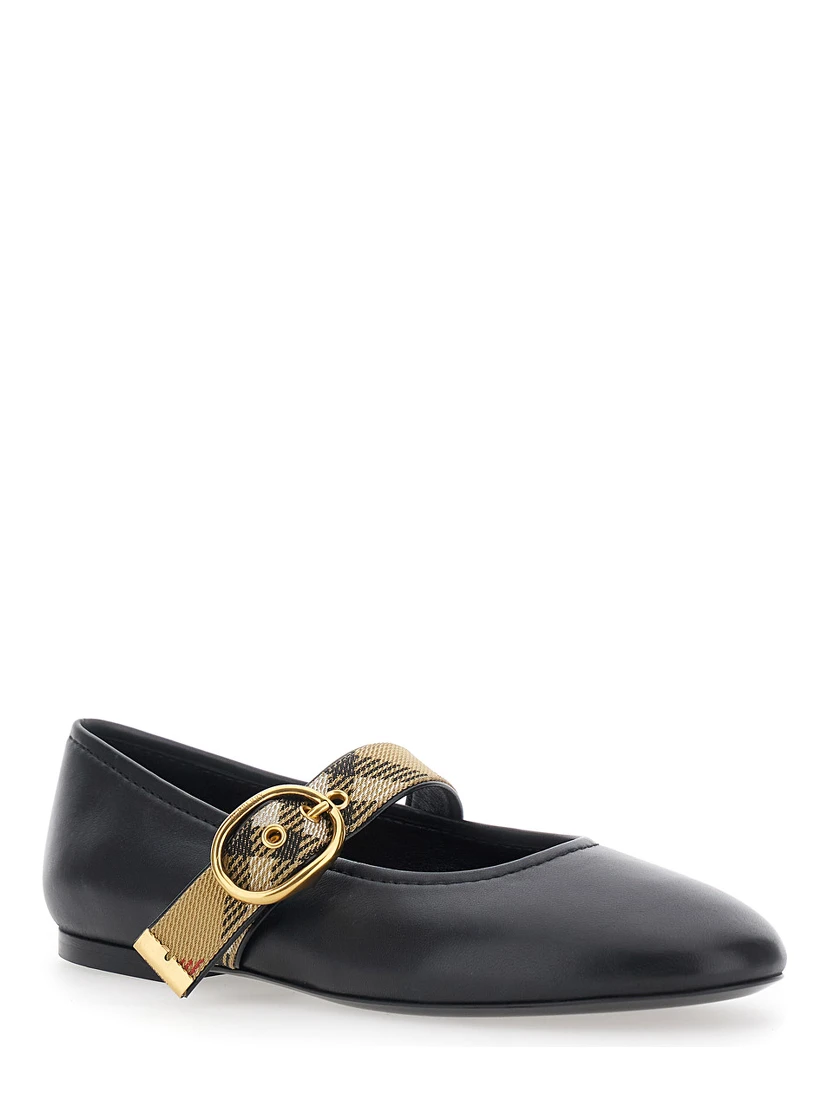 Robin Black Ballet Shoes with Strap with Check motif and buckle in leather for women