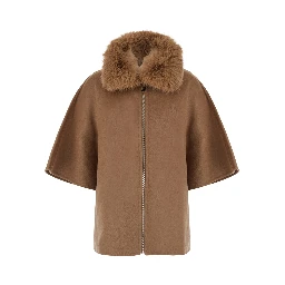Beige fur coat with removable fur collar and wide short sleeves in eco fur for women
