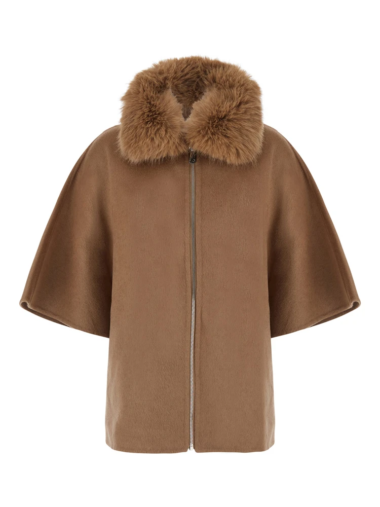 Beige fur coat with removable fur collar and wide short sleeves in eco fur for women
