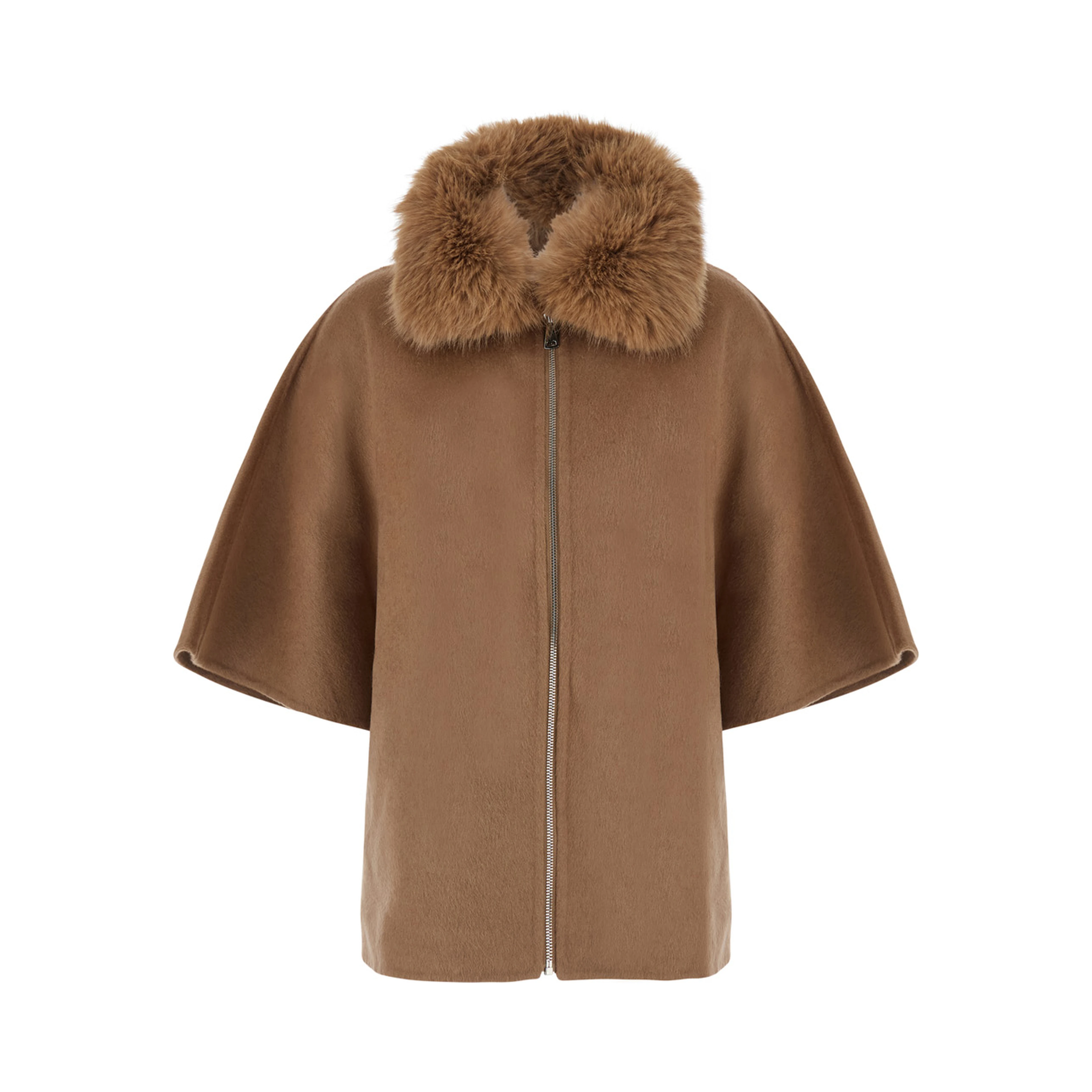 Beige fur coat with removable fur collar and wide short sleeves in eco fur for women