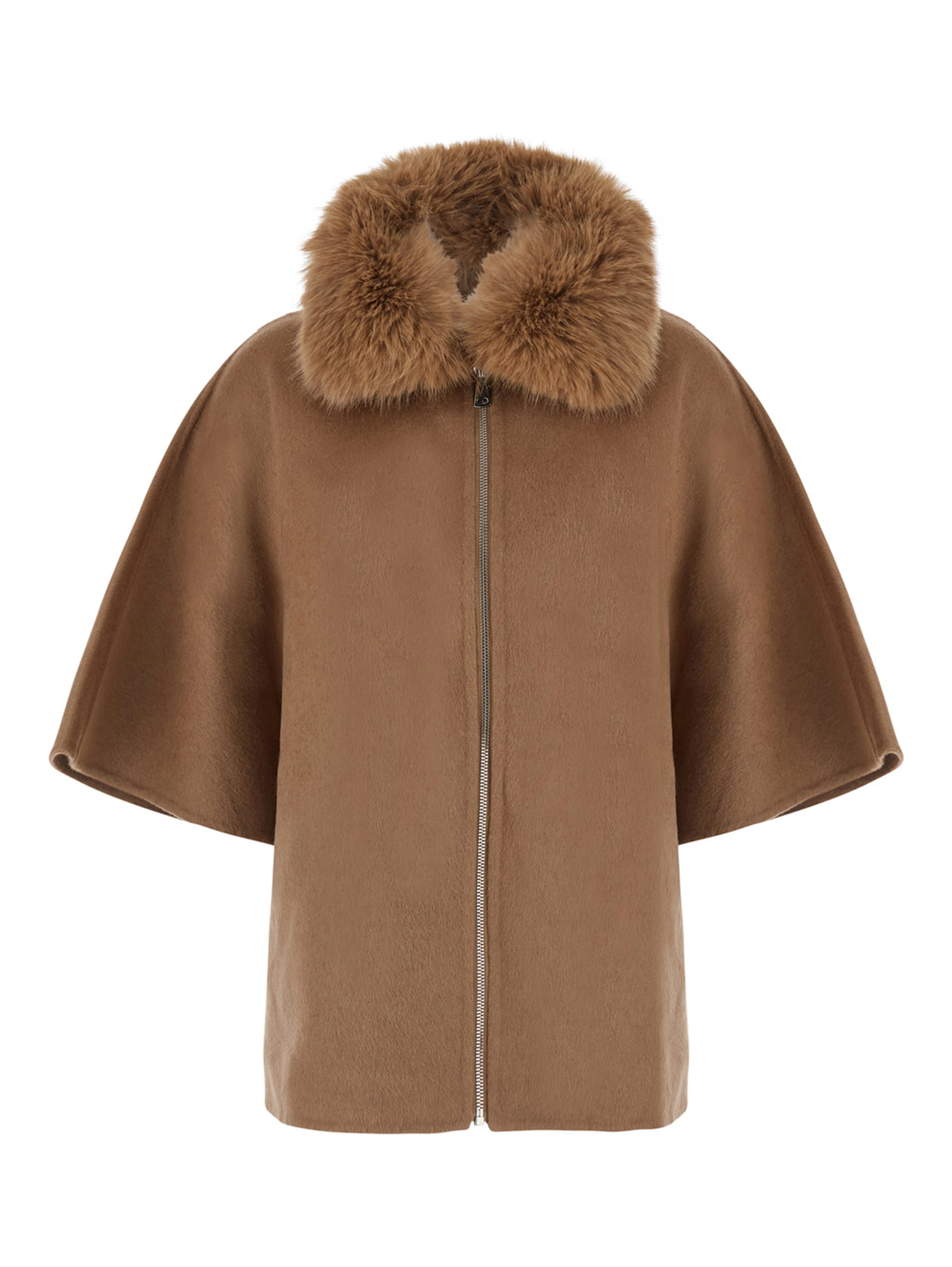 Beige fur coat with removable fur collar and wide short sleeves in eco fur for women