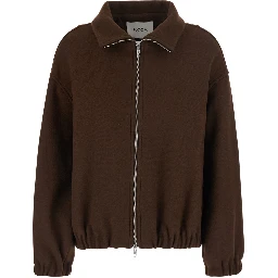 Brown High Collar Bomber with Dropped Shoulders in Wool Blend for Women