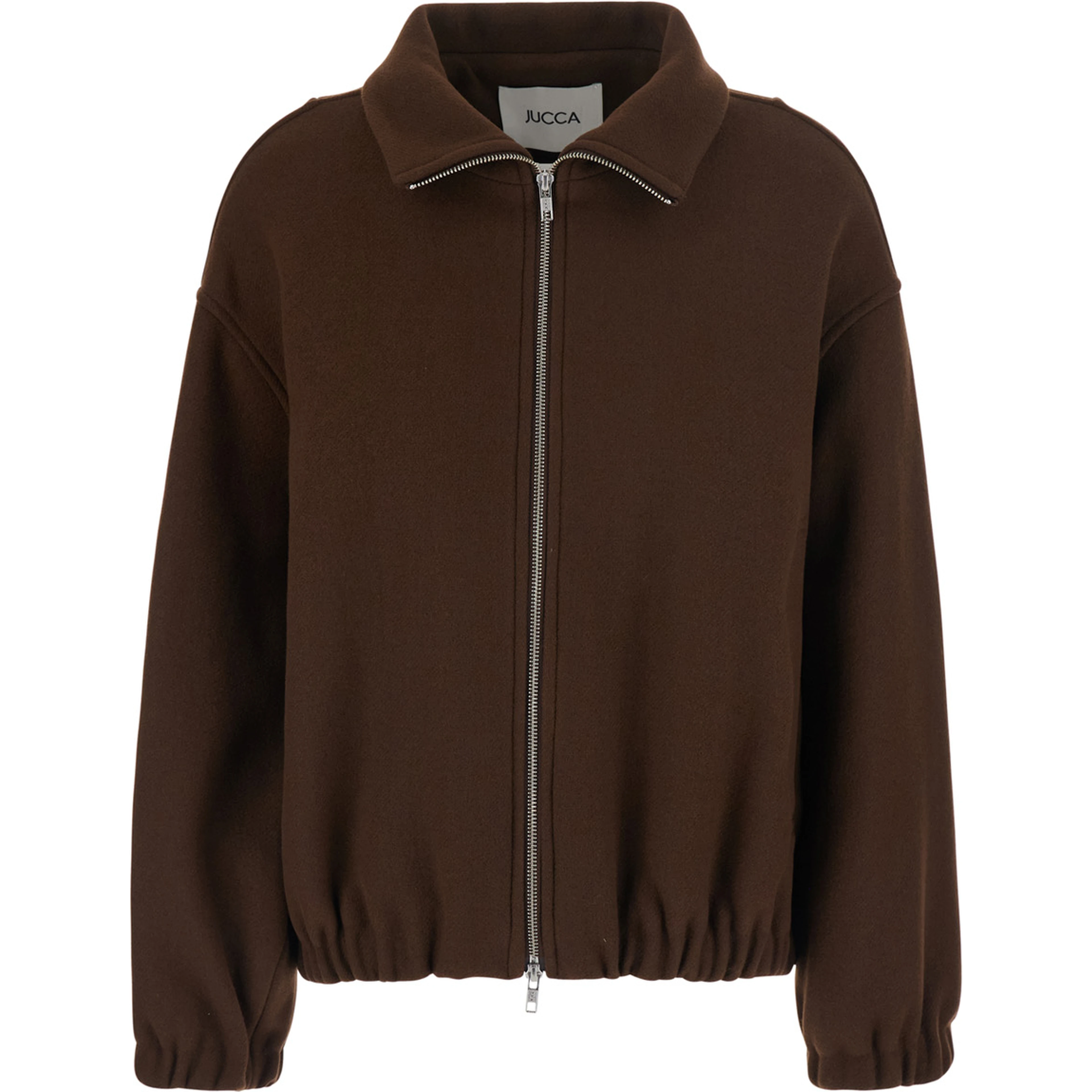 Brown High Collar Bomber with Dropped Shoulders in Wool Blend for Women