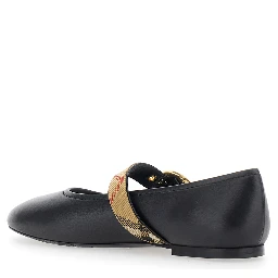 Robin Black Ballet Shoes with Strap with Check motif and buckle in leather for women
