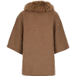 Beige fur coat with removable fur collar and wide short sleeves in eco fur for women
