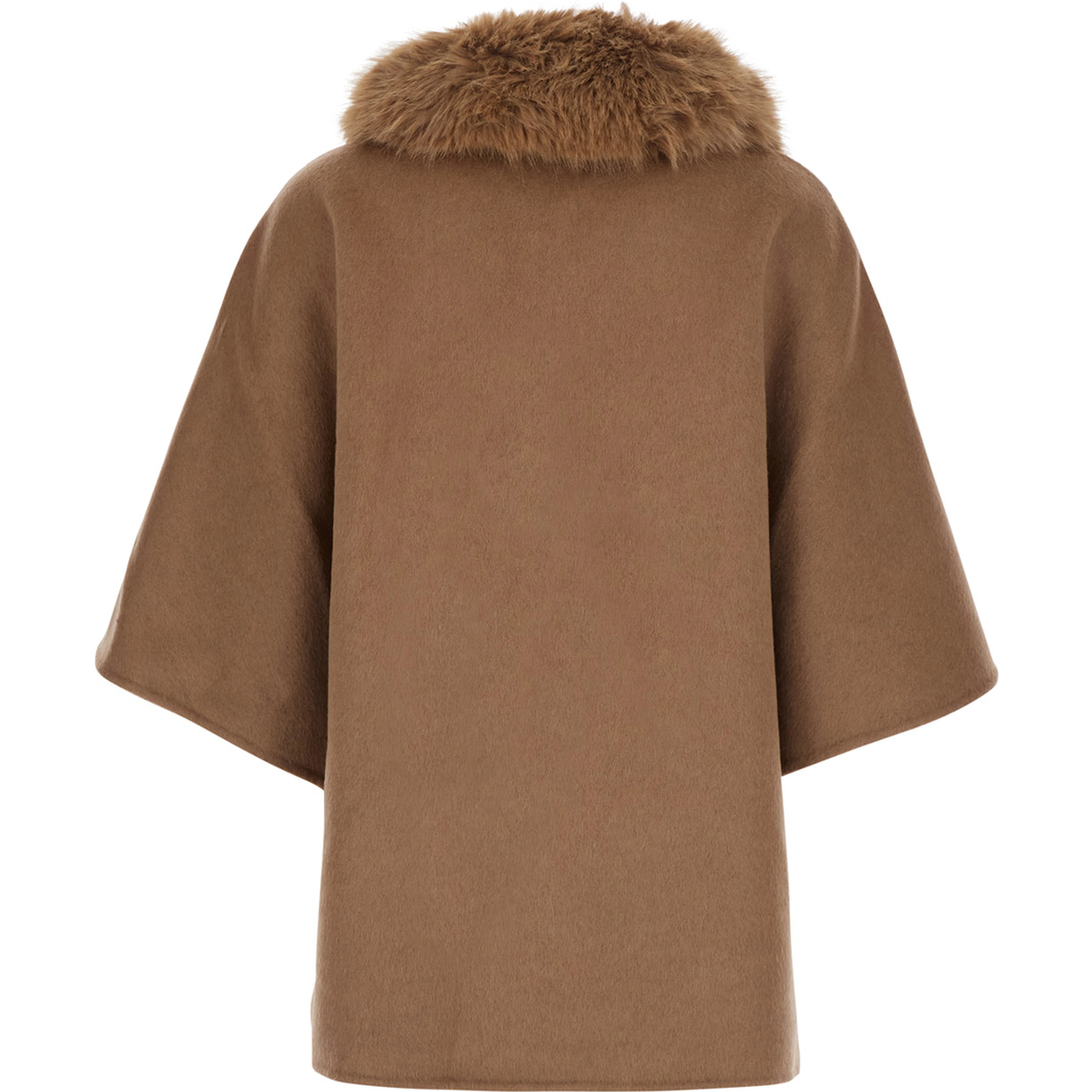 Beige fur coat with removable fur collar and wide short sleeves in eco fur for women