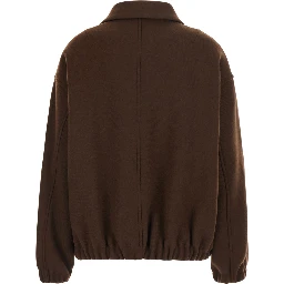 Brown High Collar Bomber with Dropped Shoulders in Wool Blend for Women