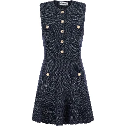 Blue Sleeveless Mini Dress with Round Neck and Patch Pockets in Cotton Blend for Women