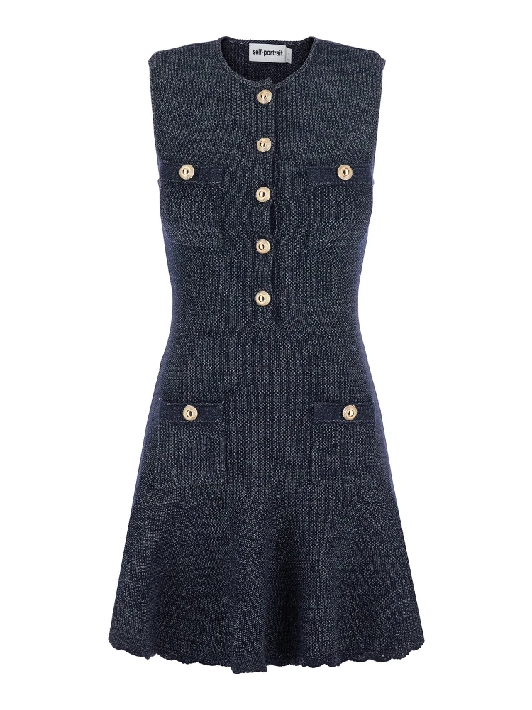 Blue Sleeveless Mini Dress with Round Neck and Patch Pockets in Cotton Blend for Women