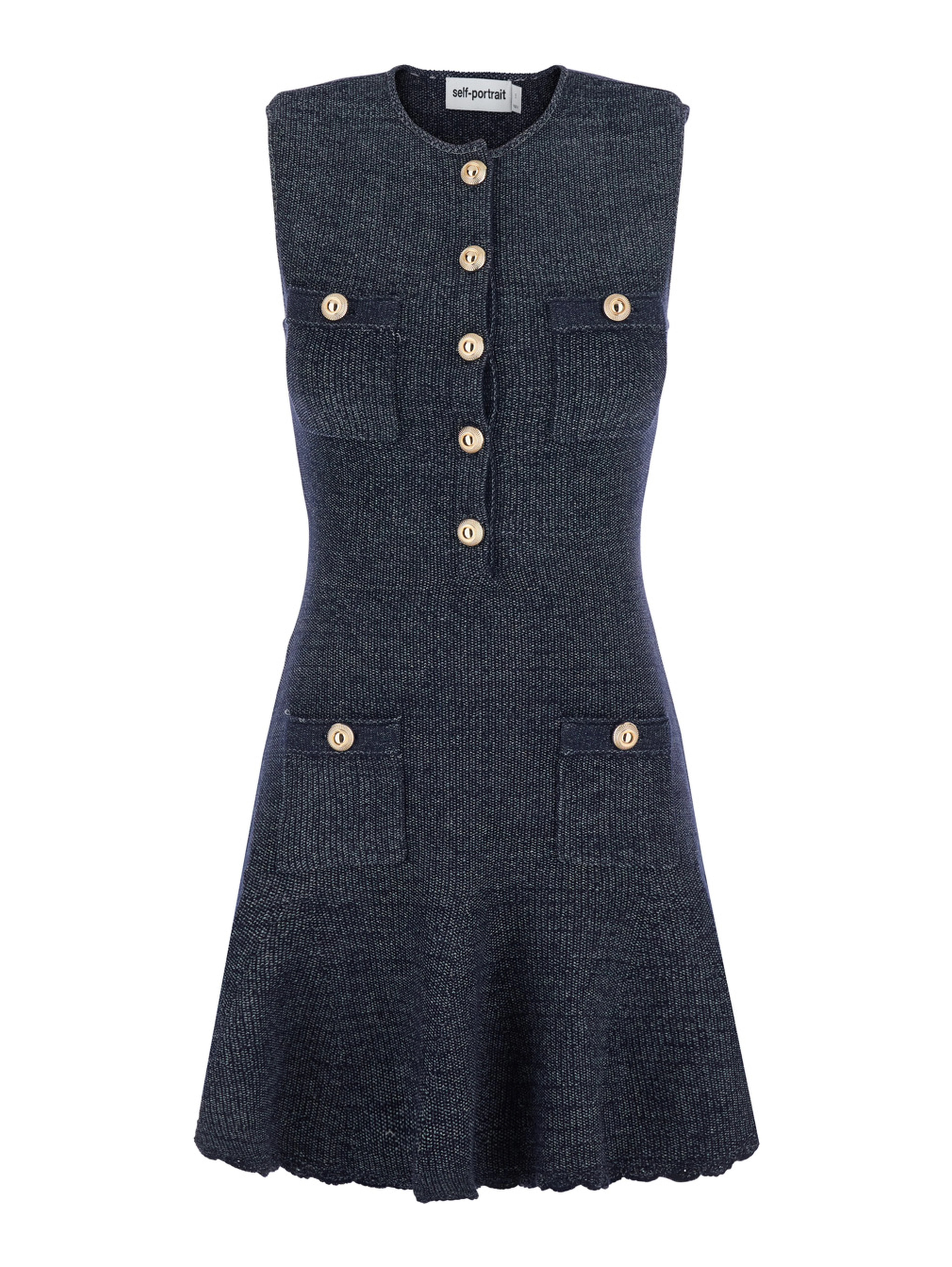 Blue Sleeveless Mini Dress with Round Neck and Patch Pockets in Cotton Blend for Women