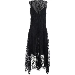Black Sleeveless Dress with Lace Embroidery in Silk for Women