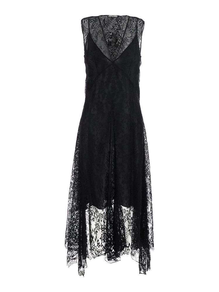 Black Sleeveless Dress with Lace Embroidery in Silk for Women