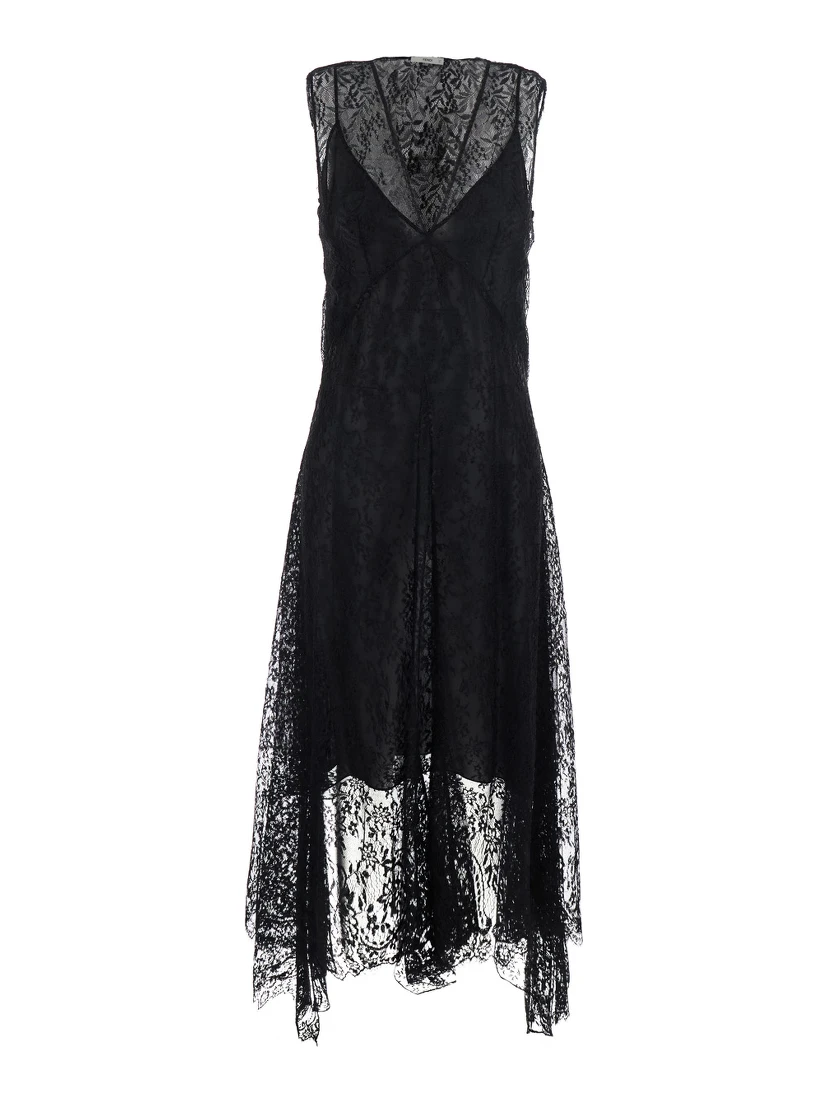 Black Sleeveless Dress with Lace Embroidery in Silk for Women