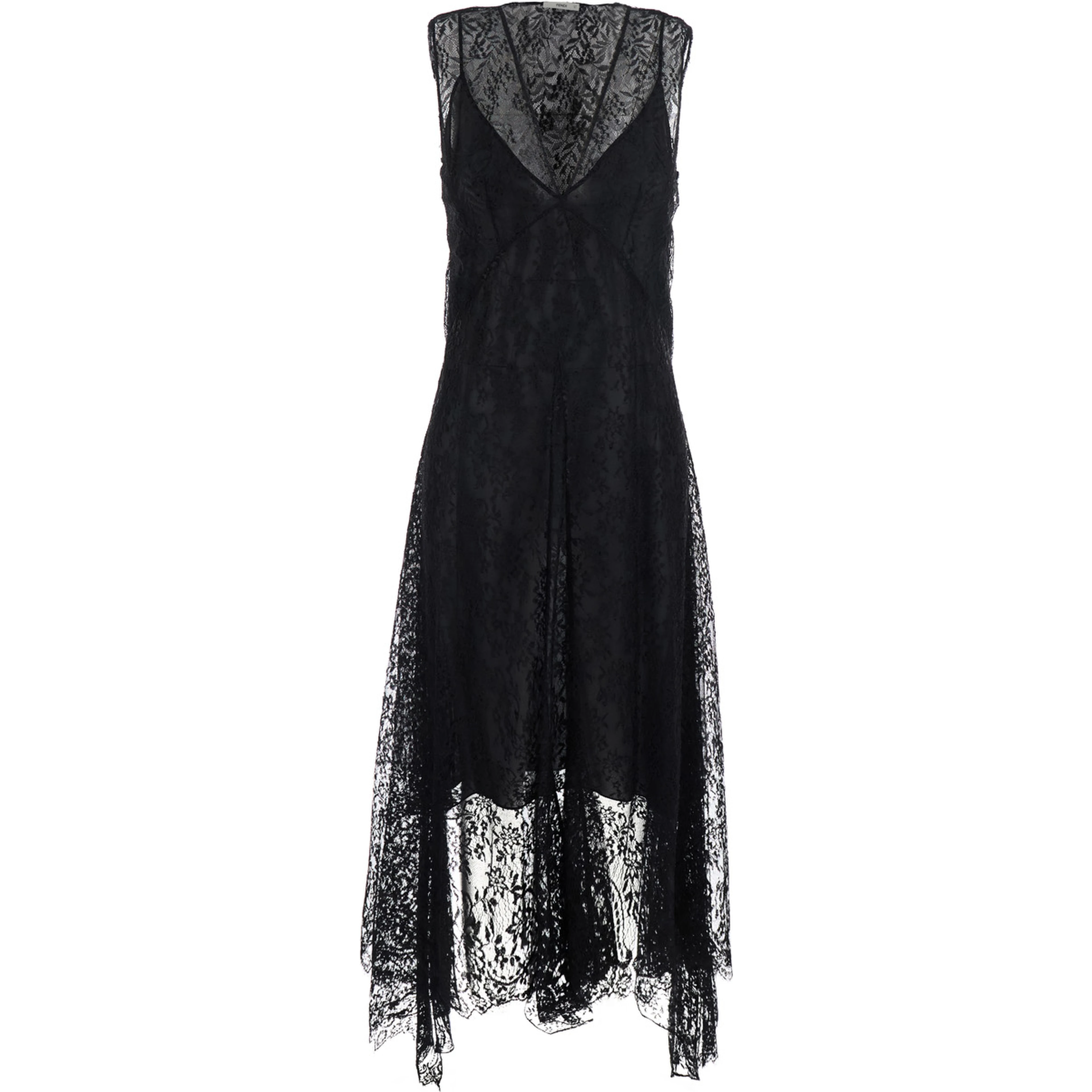 Black Sleeveless Dress with Lace Embroidery in Silk for Women