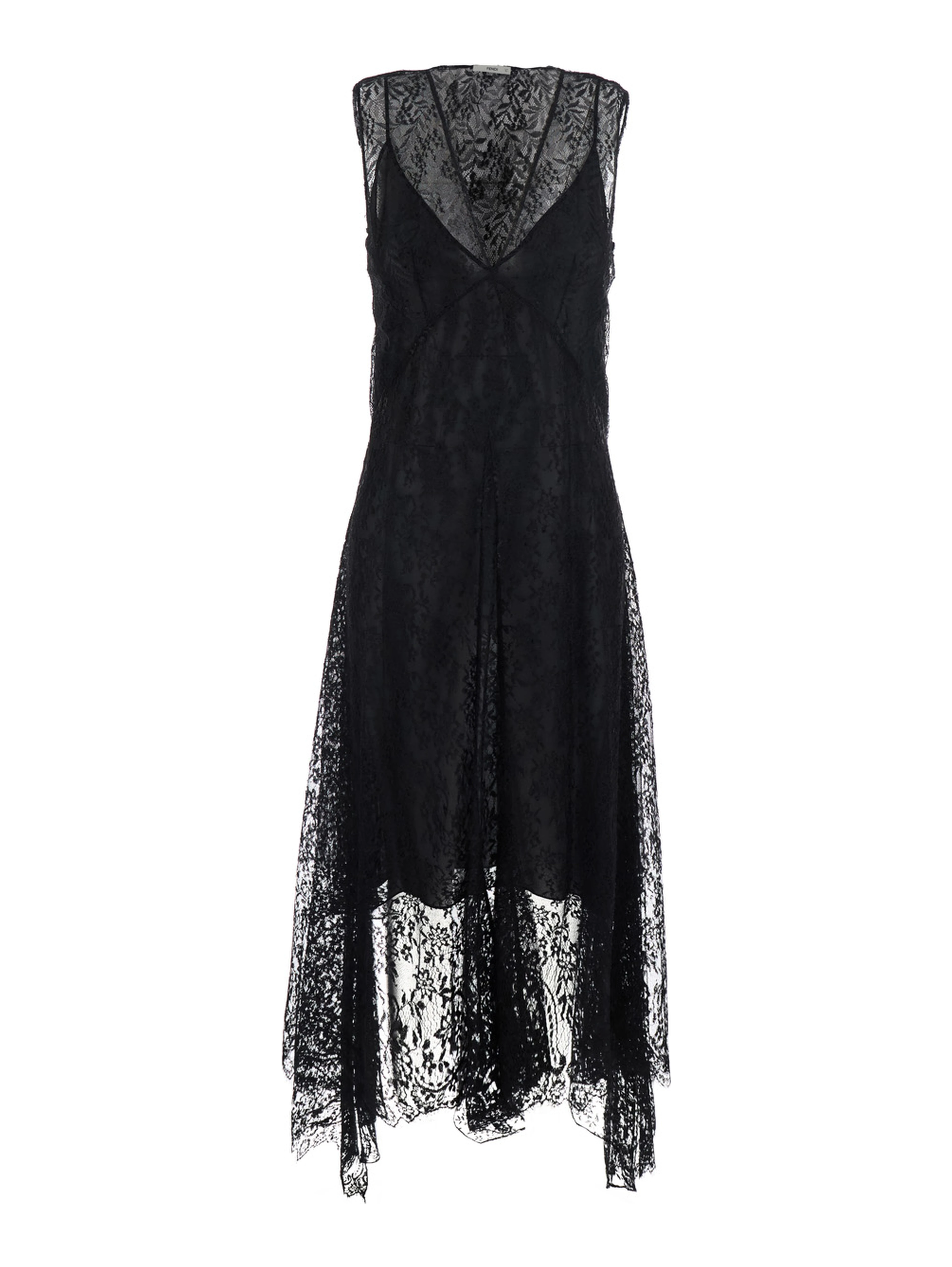 Black Sleeveless Dress with Lace Embroidery in Silk for Women