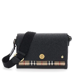 Note Black Crossbody bag with Adjustable Strap with Logo lettering and Check Detail on Front in Leather Women