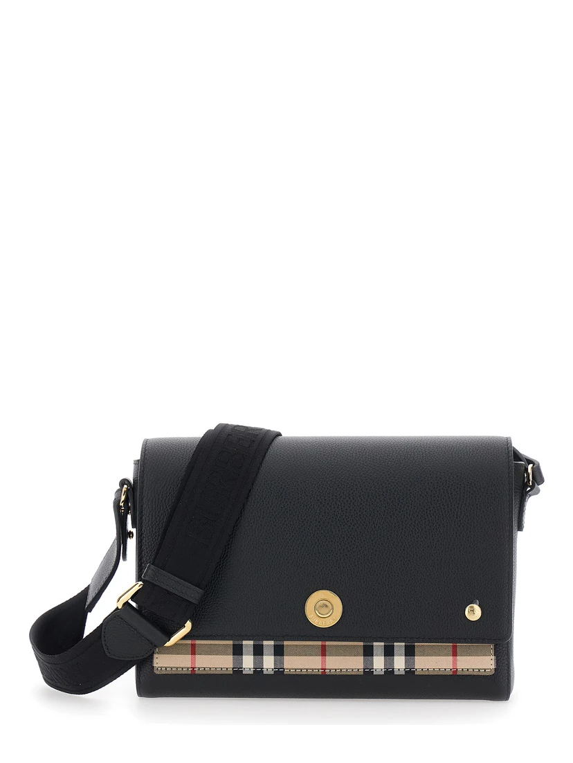 Note Black Crossbody bag with Adjustable Strap with Logo lettering and Check Detail on Front in Leather Women