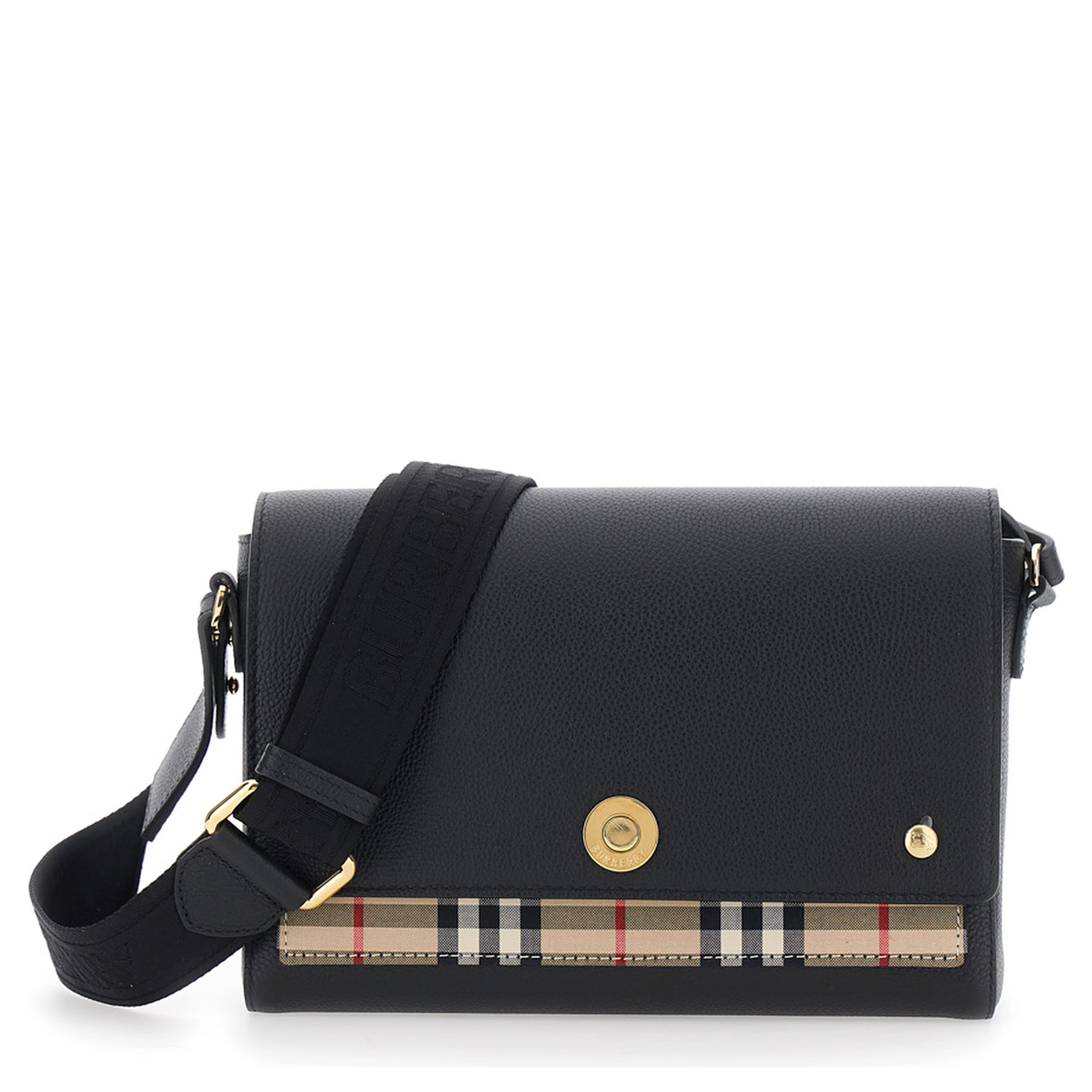 Note Black Crossbody bag with Adjustable Strap with Logo lettering and Check Detail on Front in Leather Women