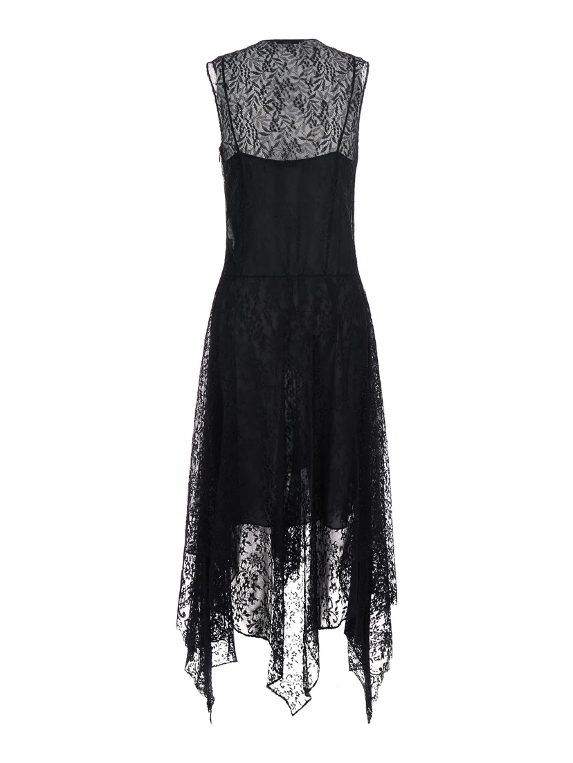 Black Sleeveless Dress with Lace Embroidery in Silk for Women
