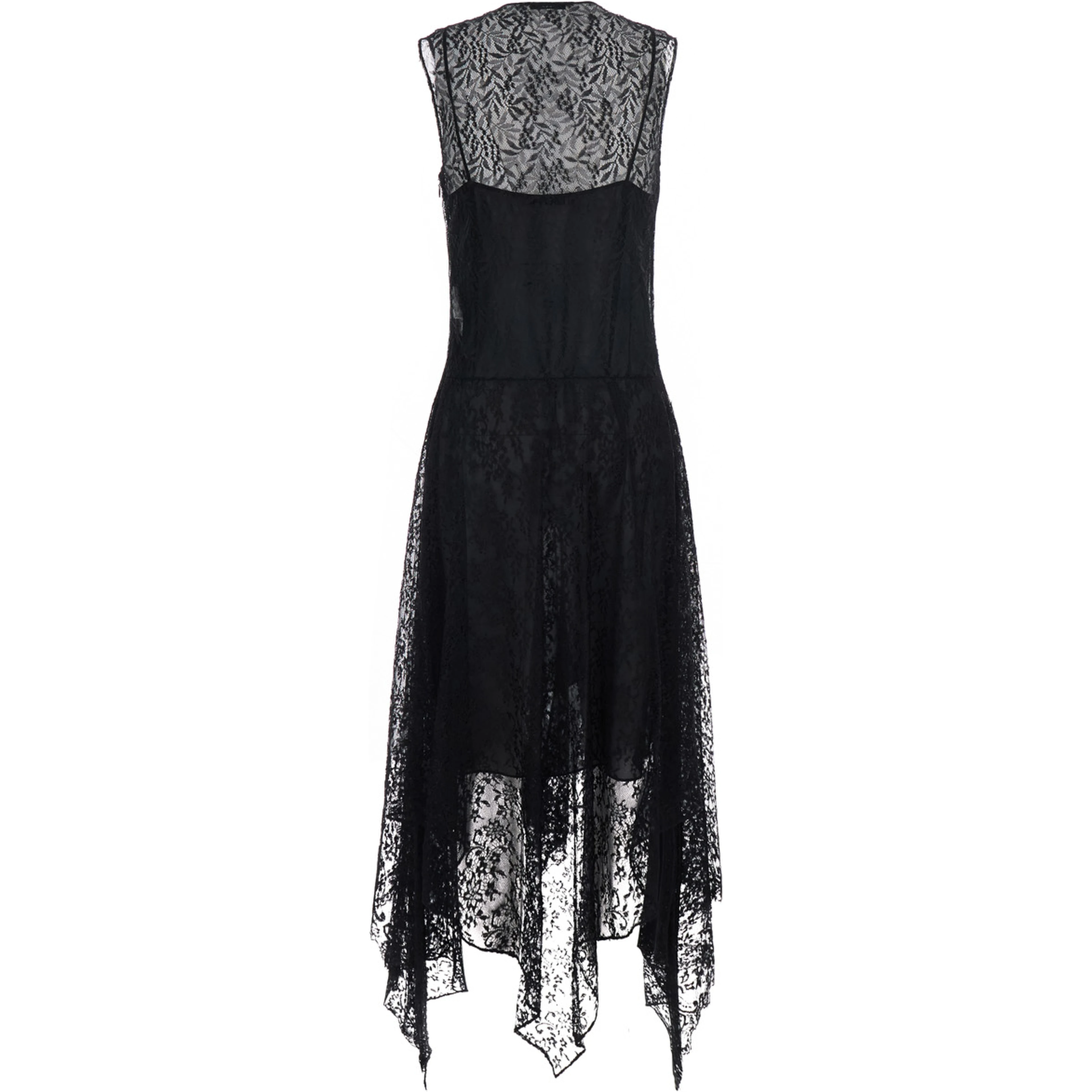 Black Sleeveless Dress with Lace Embroidery in Silk for Women