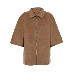 Beige fur coat with removable fur collar and wide short sleeves in eco fur for women