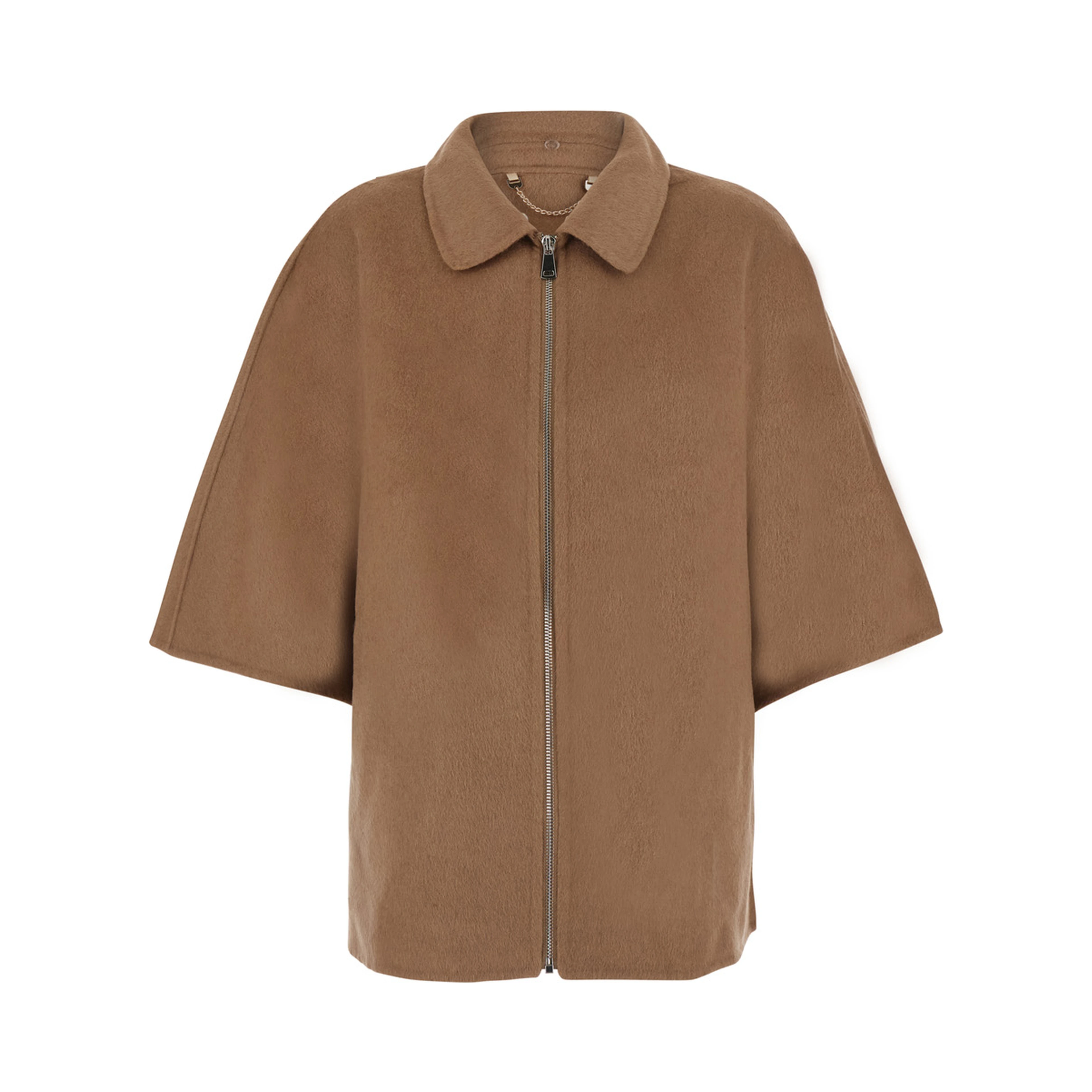 Beige fur coat with removable fur collar and wide short sleeves in eco fur for women