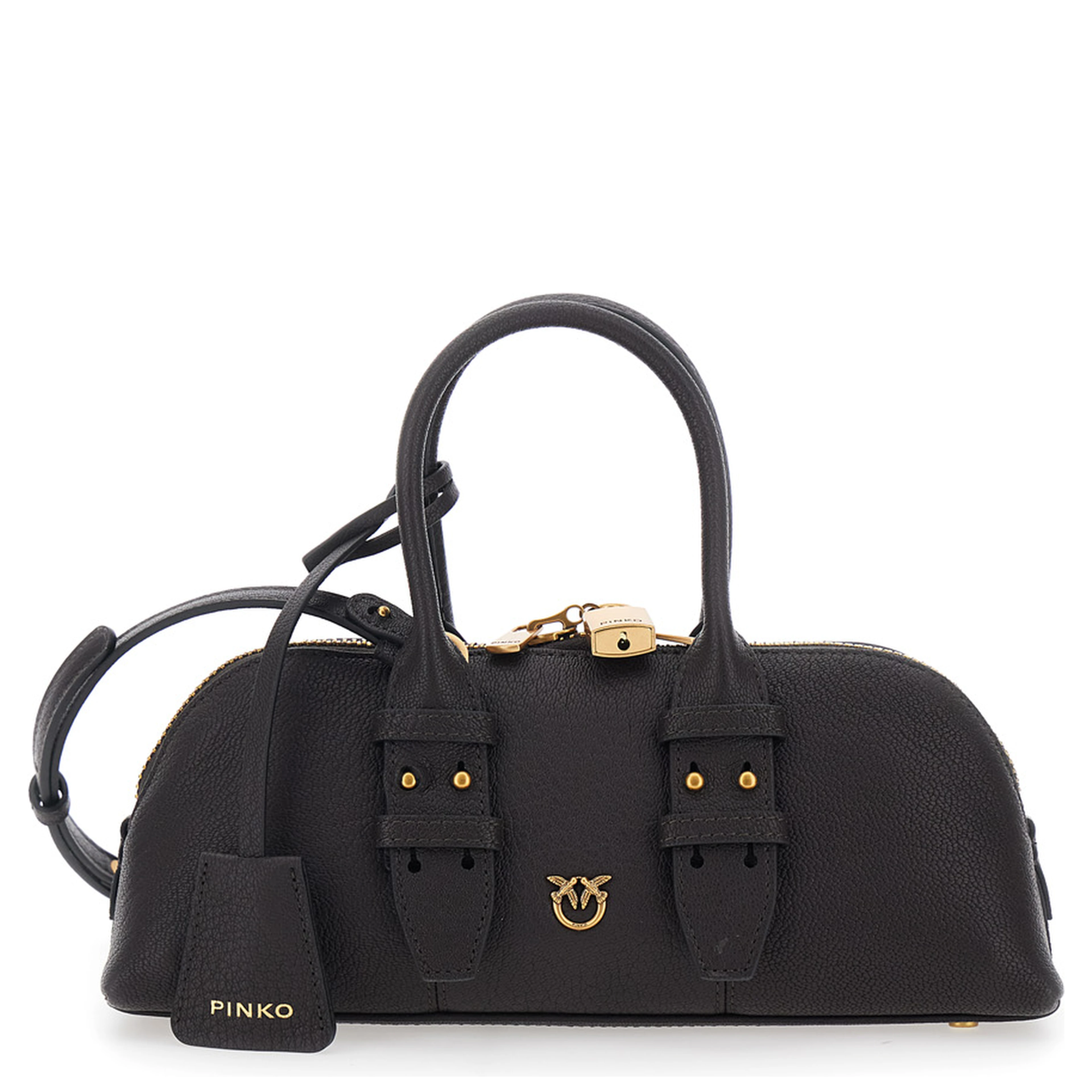 Bowling Horizontal Brown Handbag with adjustable and removable shoulder strap and Love Birds plate on the front in leather for women