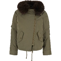 Green fur coat with removable fur collar and off-center front closure in Tech Fabric for women
