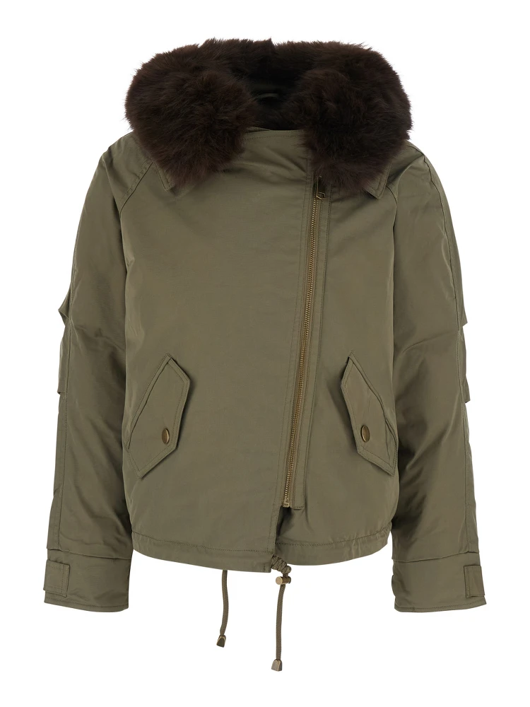 Green fur coat with removable fur collar and off-center front closure in Tech Fabric for women
