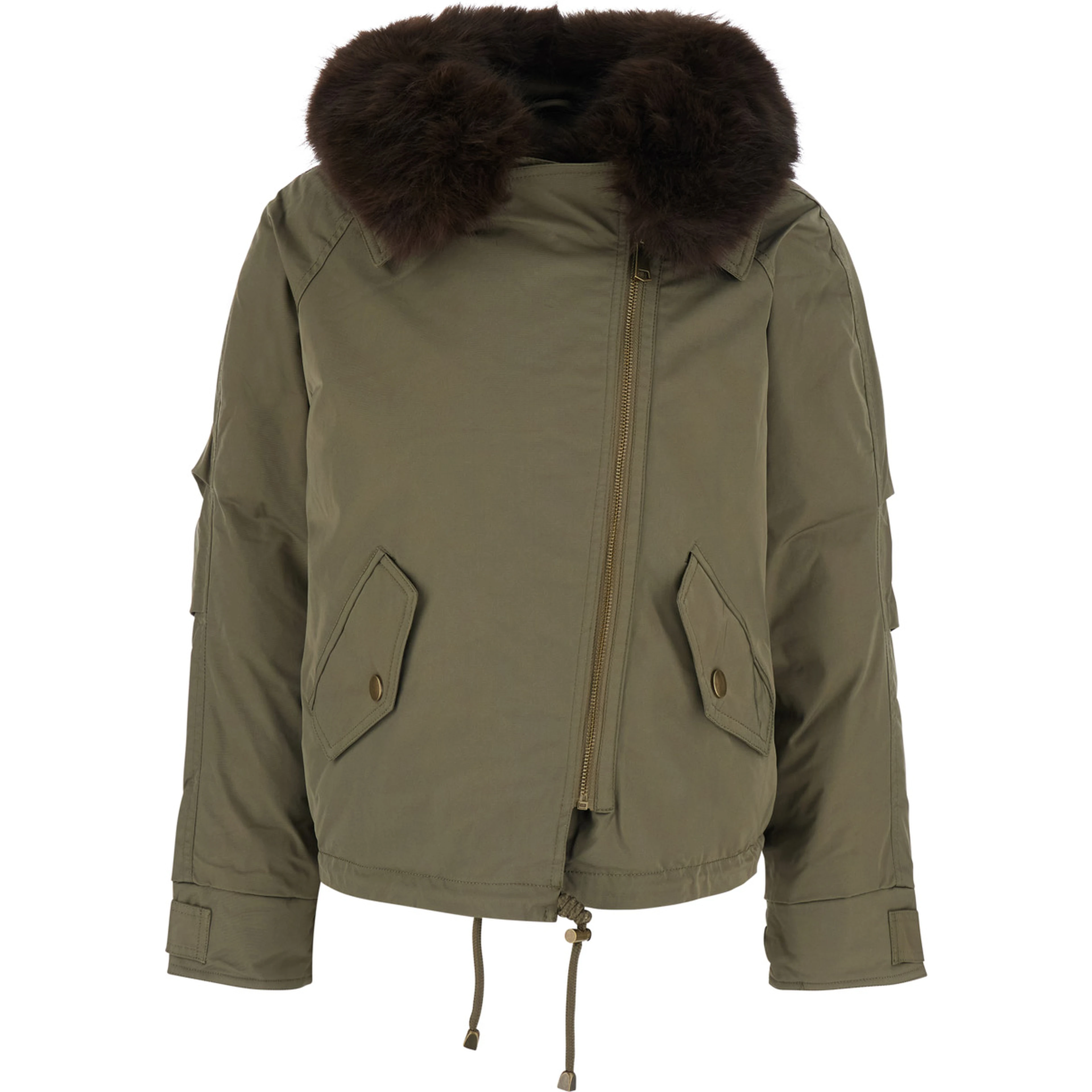 Green fur coat with removable fur collar and off-center front closure in Tech Fabric for women