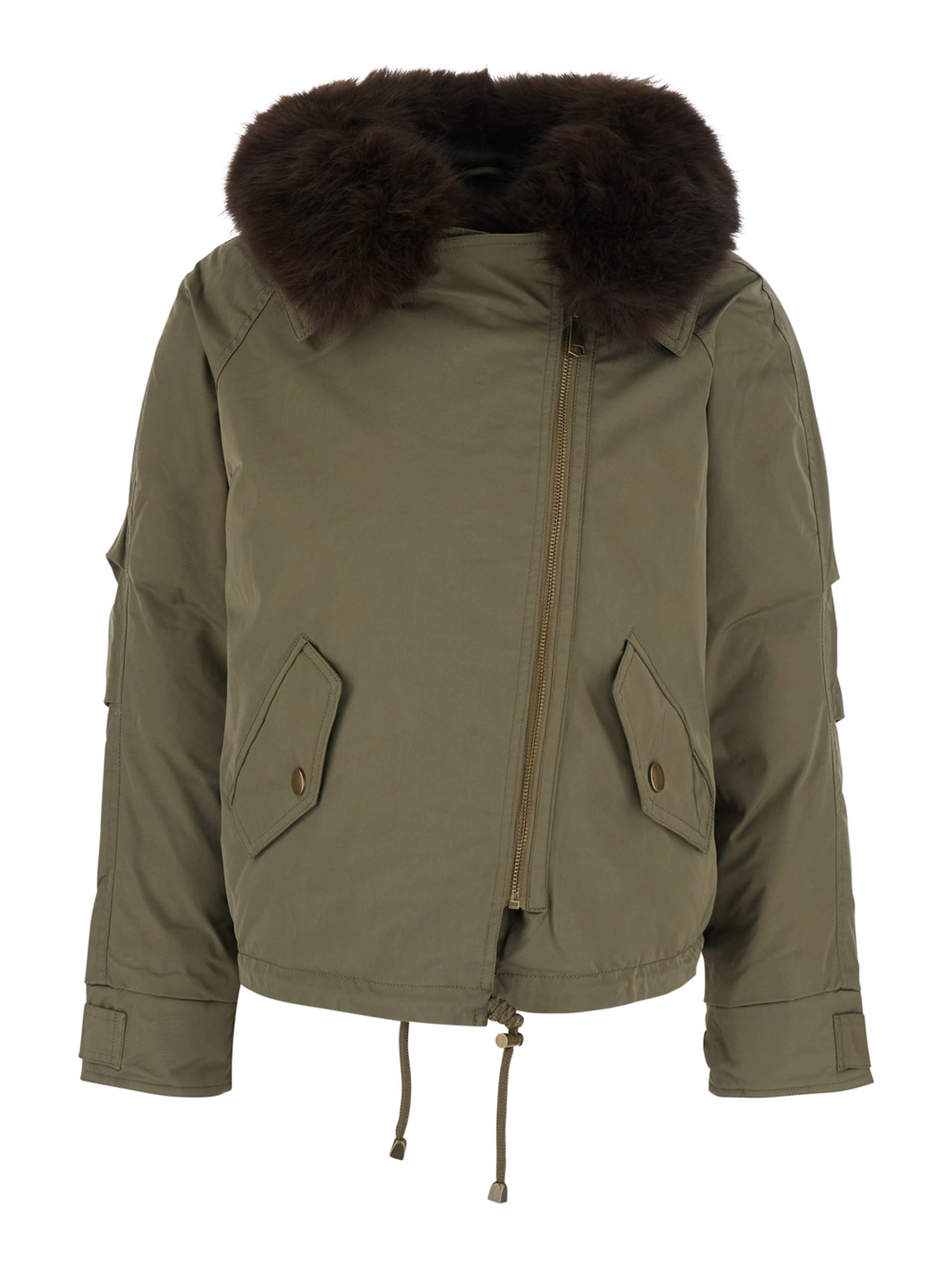 Green fur coat with removable fur collar and off-center front closure in Tech Fabric for women