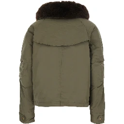 Green fur coat with removable fur collar and off-center front closure in Tech Fabric for women
