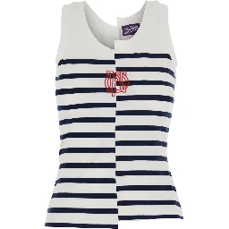 Black and White Sleeveless Top with Asymmetrical Design and All-Over Striped Motif and Front Logo on the Front in Cotton Blend for Women
