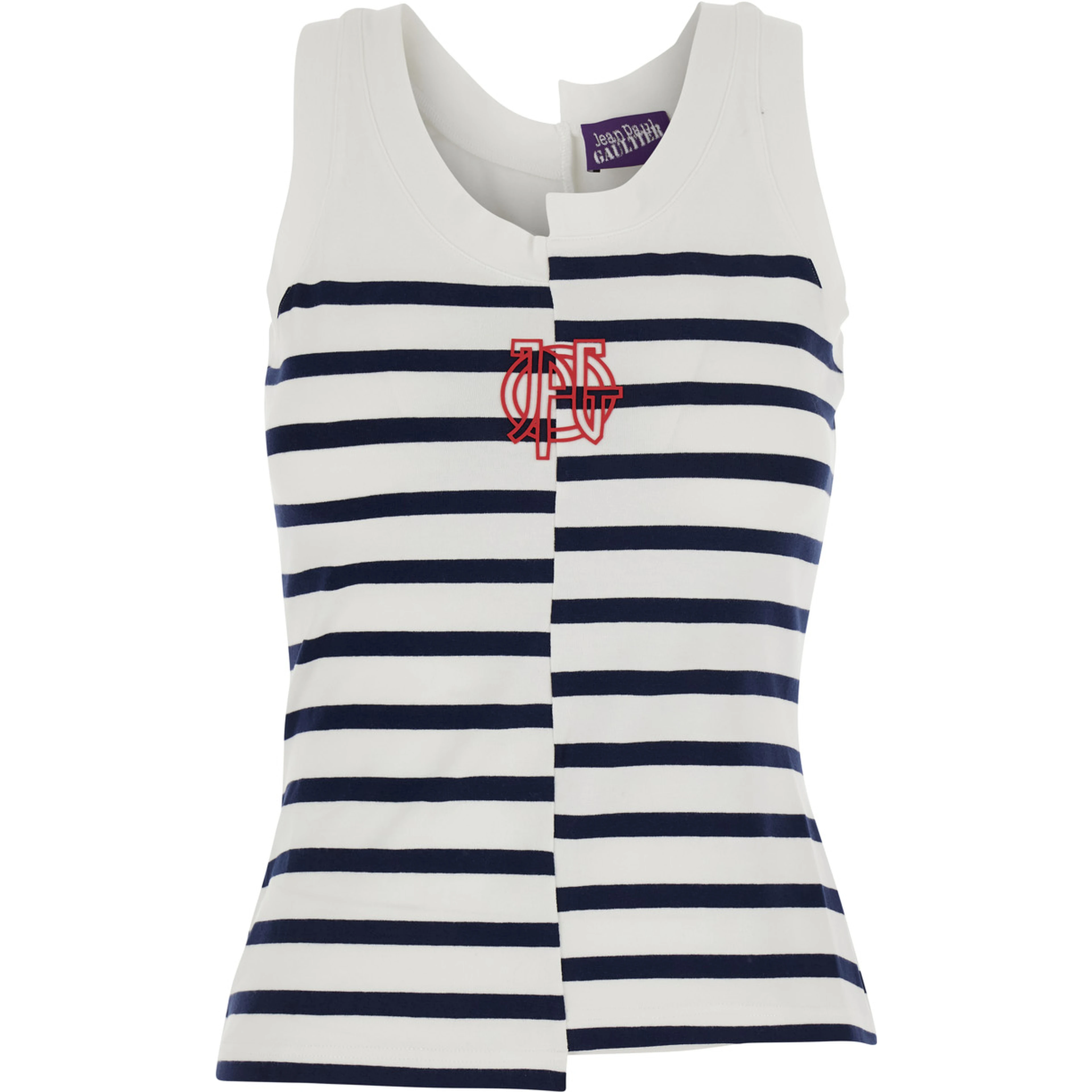 Black and White Sleeveless Top with Asymmetrical Design and All-Over Striped Motif and Front Logo on the Front in Cotton Blend for Women