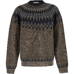 Brown Crewneck Sweater with Jacquard Motif in Alpaca and Wool for Men