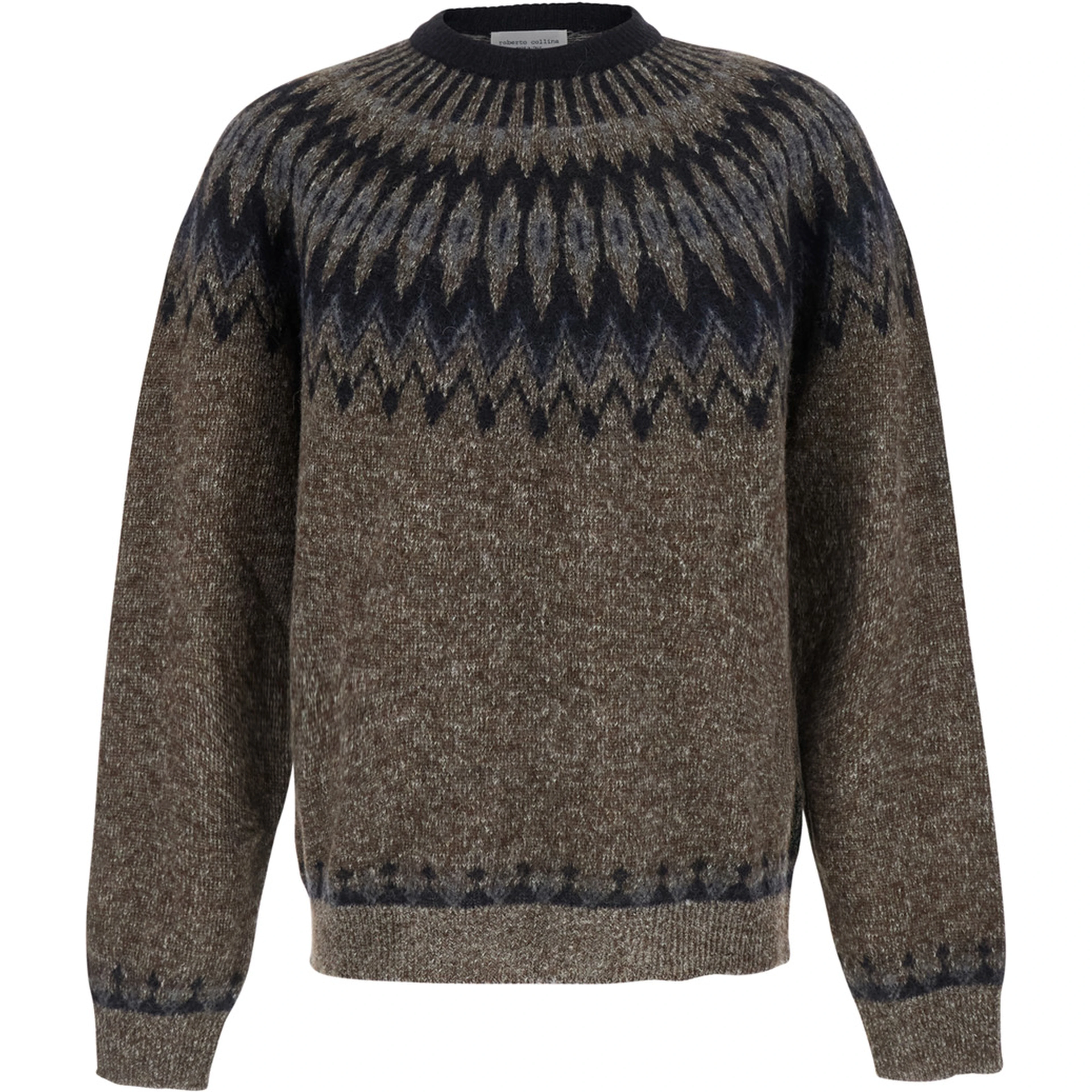 Brown Crewneck Sweater with Jacquard Motif in Alpaca and Wool for Men