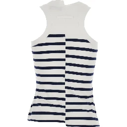 Black and White Sleeveless Top with Asymmetrical Design and All-Over Striped Motif and Front Logo on the Front in Cotton Blend for Women