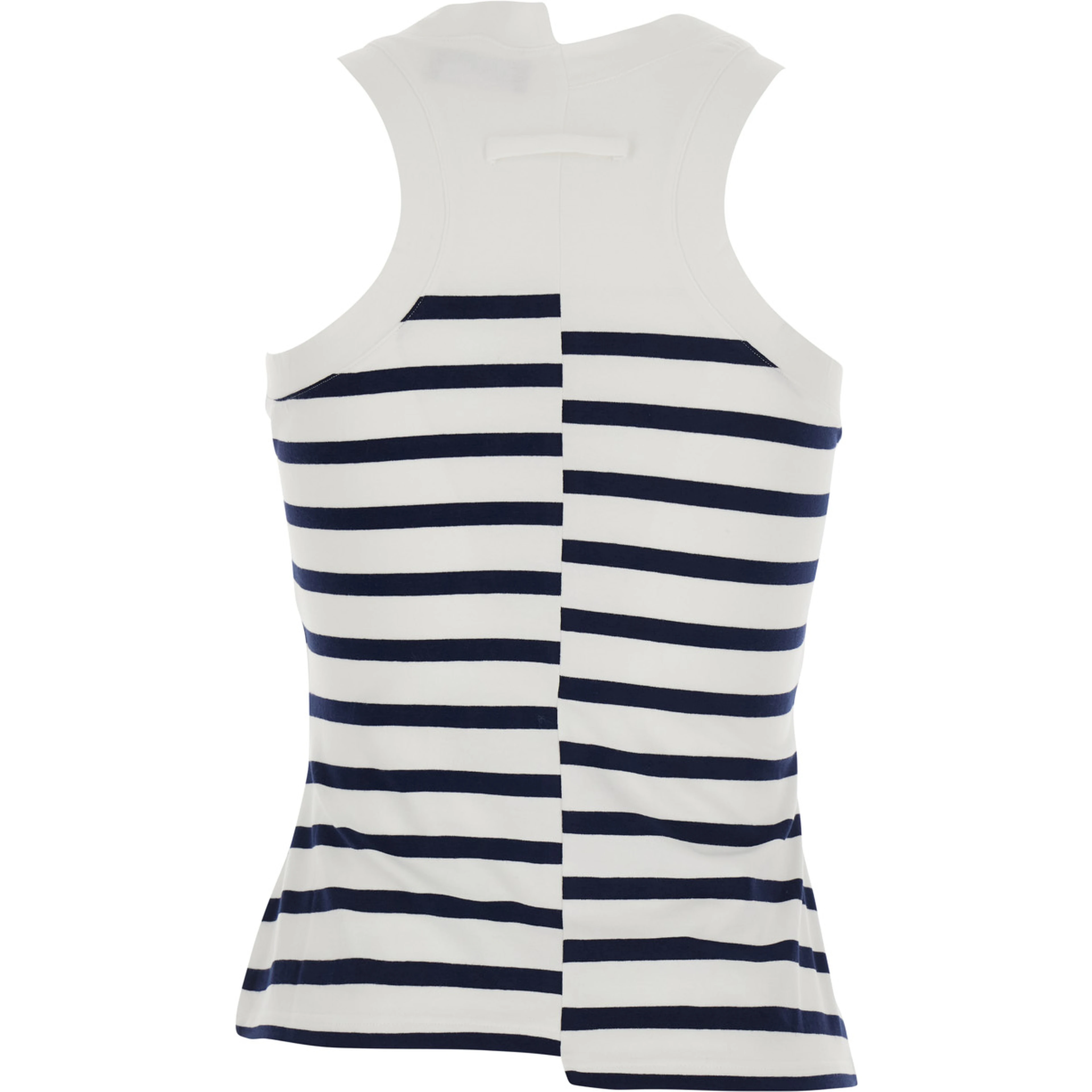Black and White Sleeveless Top with Asymmetrical Design and All-Over Striped Motif and Front Logo on the Front in Cotton Blend for Women