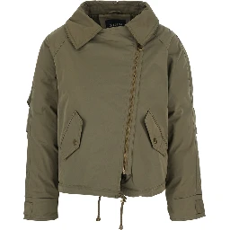 Green fur coat with removable fur collar and off-center front closure in Tech Fabric for women